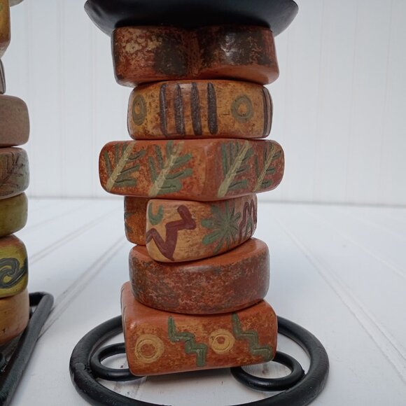 Southwestern Candlesticks Stacked Pottery Pieces Wrought Iron Candle Holder Pair - Picture 5 of 12